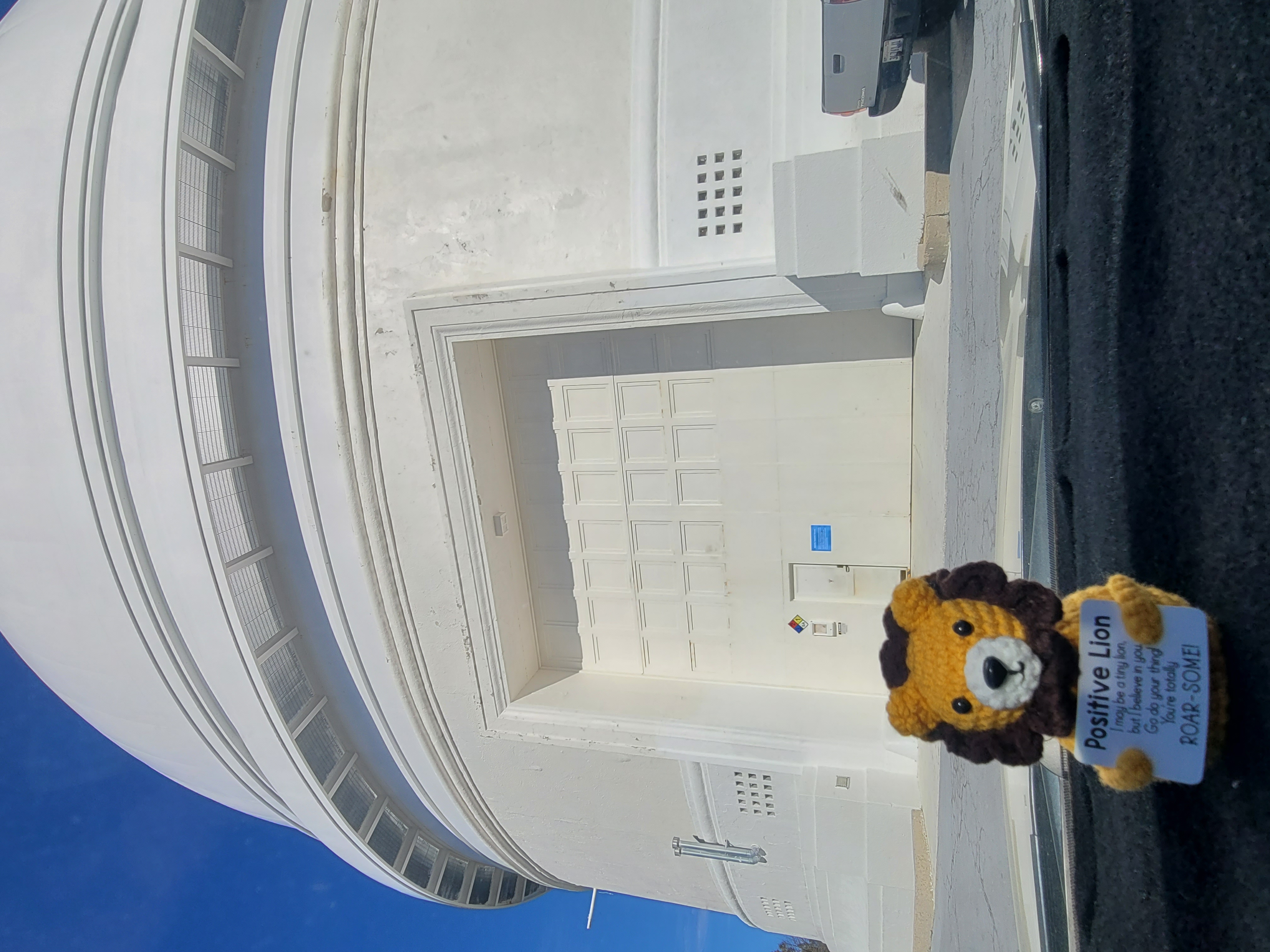 Crochet lion in front of telescope dome